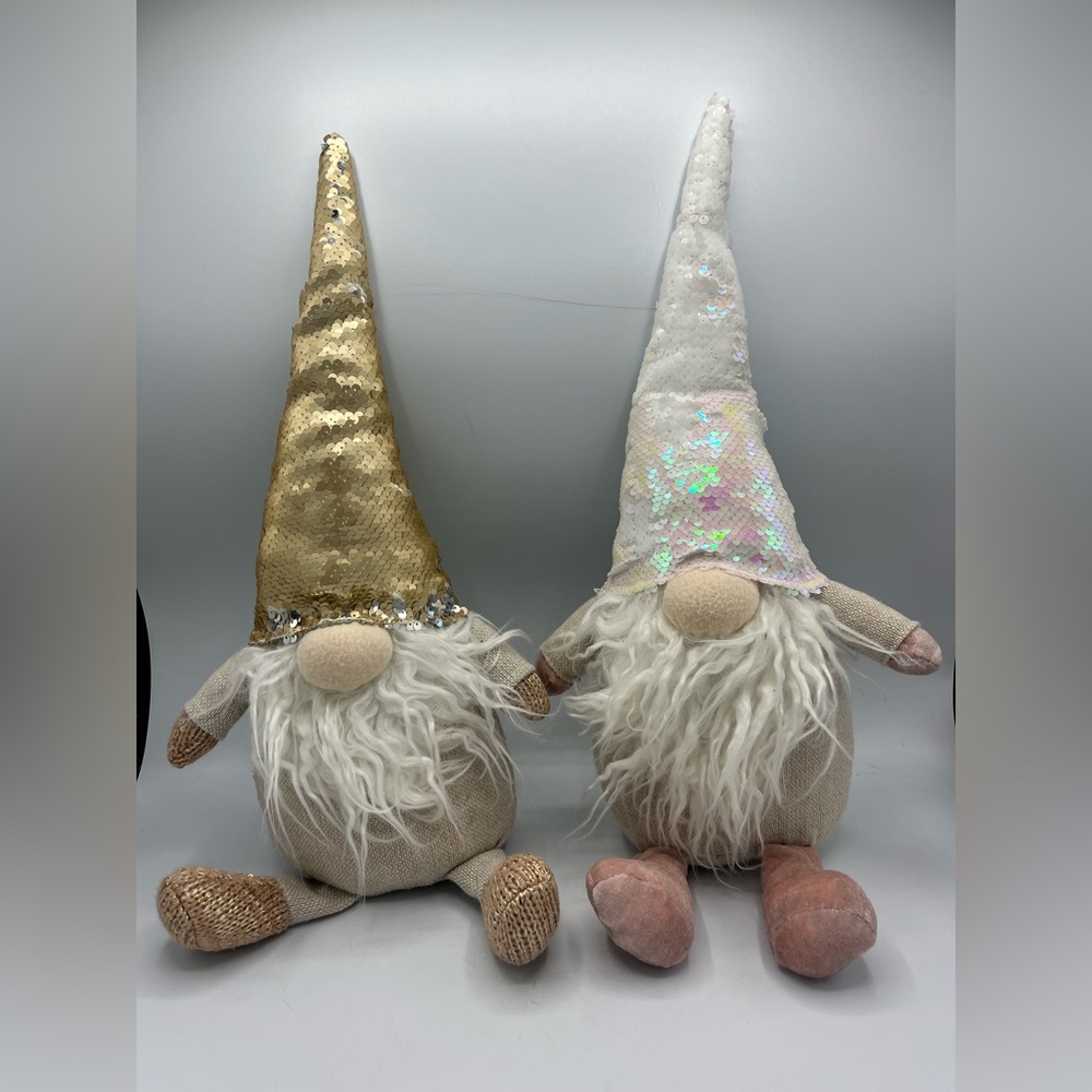 Sequin Gnome Decor Set - Gold and White